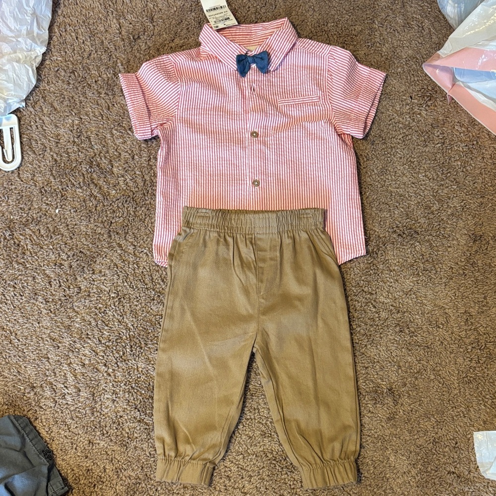 Red Striped Shirt and Brown Pants Set with Bow Tie